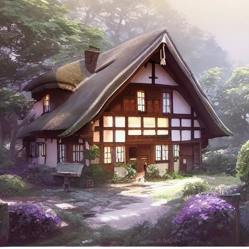 Image similar to concept art painting of an english european cottage with japanese architecture, in the woods, cozy, realistic, detailed, cel shaded, in the style of makoto shinkai and greg rutkowski and james gurney