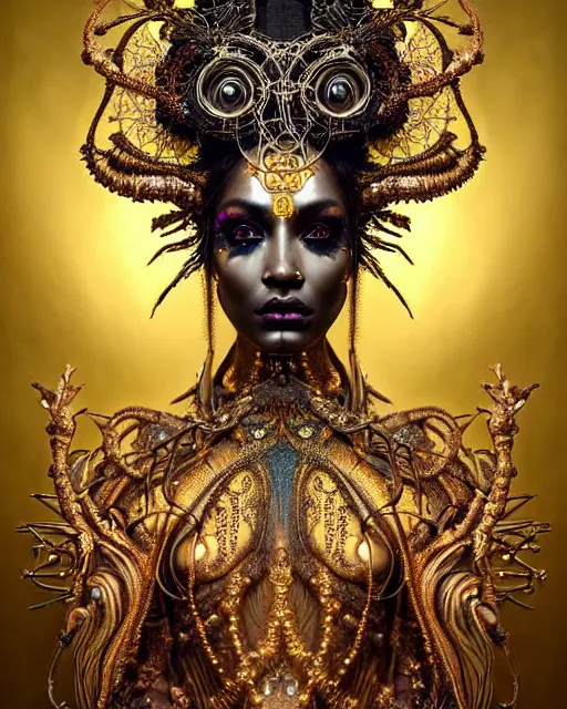 Image similar to hyperrealistic detailed portrait of a beautiful dark goddess in an intricate golden ornamental ritual headdress, intricate cyberpunk make - up, golden face tattoos, insane details, art by ernst haeckel, nekro borja, android jones, alphonso mucha, gothic - cyberpunk, beautiful deep colours,