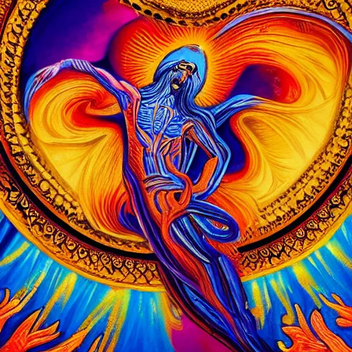 Image similar to depiction of god.Trending on Artstation, 8k, masterpiece, graffiti paint, fine detail, full of color, intricate detail, Golden Ratio illustration