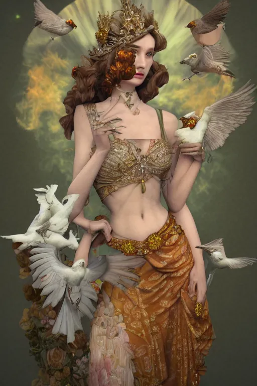 Prompt: zoom in 3 d render of english princess holding birds, fire, diamonds, ornaments, mucha vibe, dieselpunk, solarpunk, artstation, andrei riabovitchev