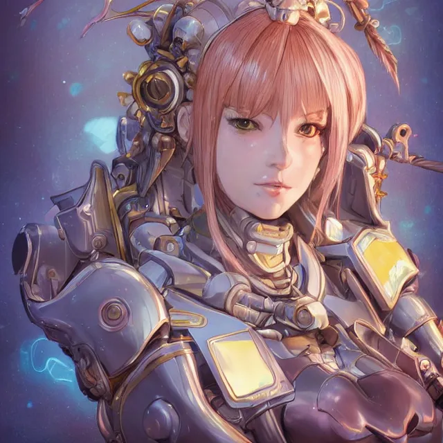 Image similar to studio portrait of lawful good colorful female holy mecha paladin absurdly beautiful, elegant, young cute anime girl, ultrafine hyperrealistic detailed face illustration by kim jung gi, irakli nadar, intricate linework, sharp focus, bright colors, matte, octopath traveler, final fantasy, unreal engine highly rendered, global illumination, radiant light, intricate environment