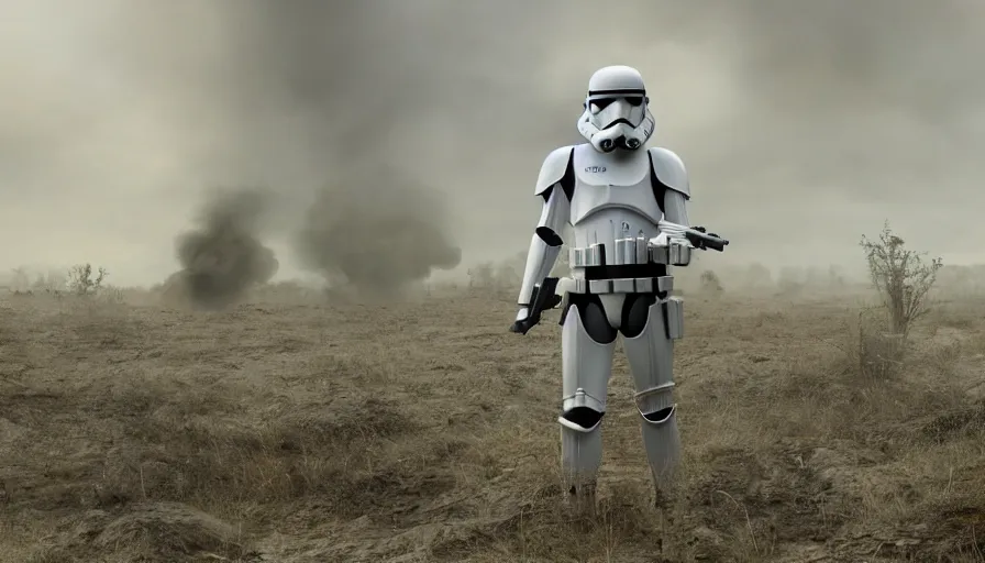 Image similar to Photorealistic Rendering of a Stormtrooper in World War!! 2 on a battlefield between ruins, Wallpaper, Hyperdetailed, Raytraced, Haze