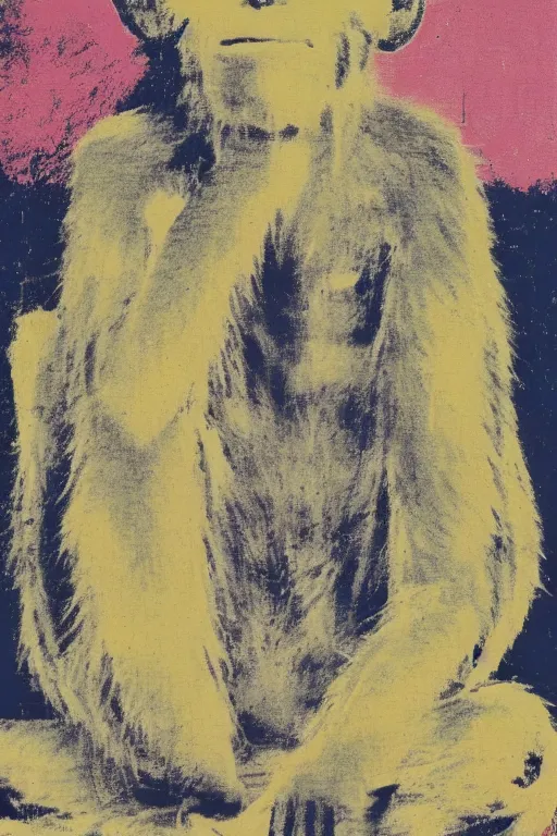 Image similar to meditating monkey in the lotus position painted by cy twombly and andy warhol