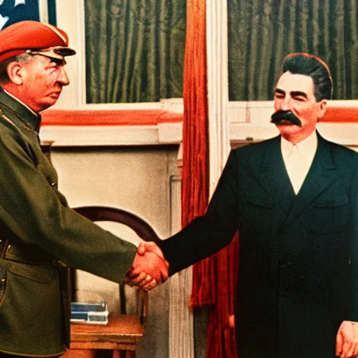 Prompt: color photo of stalin and trump shaking hands, award winning photo, 3 5 mm camera