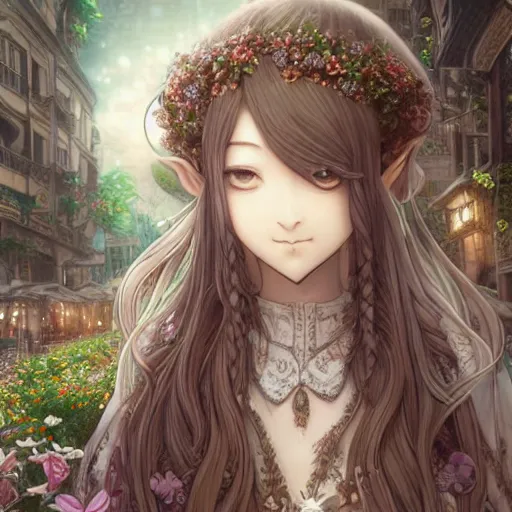 Prompt: happy elven flower seller in the city, 1 1 1 1, intricate braided hair, thin silver half - glasses, short and plump body, 2 2 2 2, manga panel by kosuke kurose, soft lighting, highly detailed face, cozy atmosphere, sharp focus, artstation, secret of mana, sophie anderson, arnold armitage, loish