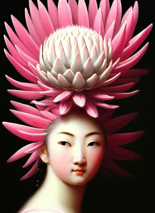 Image similar to stunning japanese godess, detailed pink and white protea head peace against a black backdrop by ivan aivazovsky, wlop, sharp details, photorealism, oil painting, beautiful soft lighting, muted colours, artstation