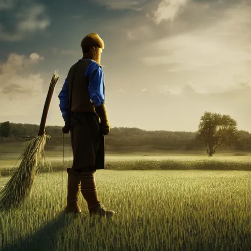 Prompt: full body, concept art, man with scythe, mowing of the hay, traditional hungarian clothing, dramatic lighting, beautiful, volumetric lighting, colorful, octane render