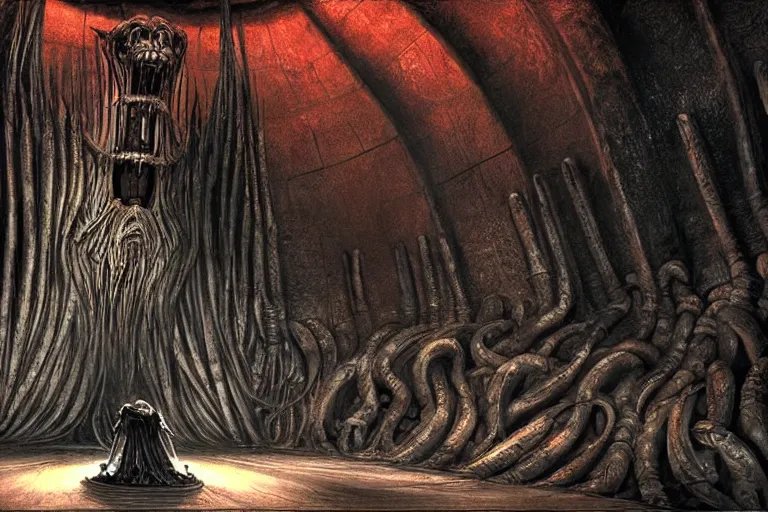 Image similar to balrog at the far end of a great hall in moria, style of h. r. giger, realistic movie still, cinematic, cgi,