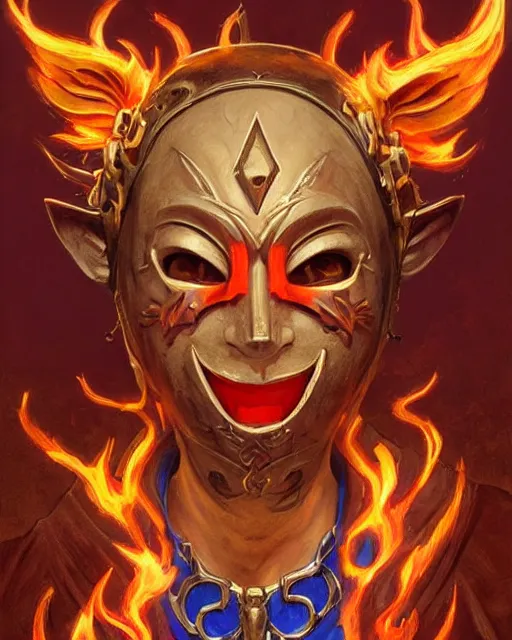 Prompt: happy mask salesman from zelda : majora's!!! mask, full body photo, flames everywhere, highly detailed, digital painting, artstation, concept art, smooth, sharp focus, illustration, art by artgerm and greg rutkowski and alphonse mucha