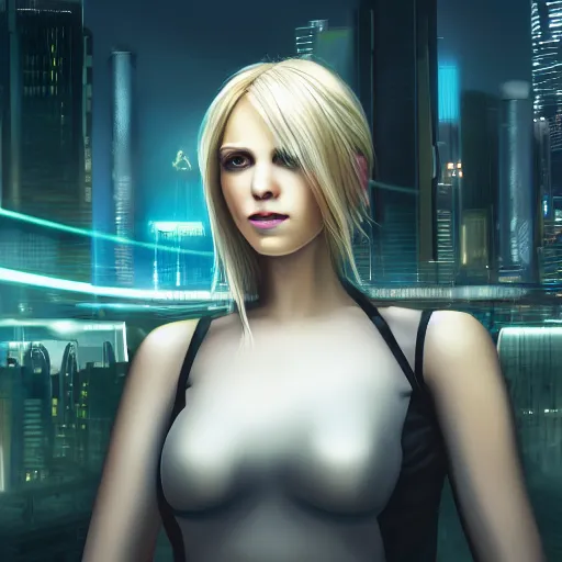 Image similar to panorama of a pretty blond cyberpunk seraphim in a machine city, perfect symmetrical face, cute face, 8 k, shallow depth of field, 8 k, ultra high detail, concept art, w 1 0 2 4