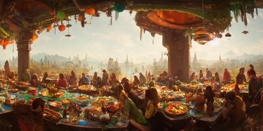 Prompt: matte painting of a fisheye view of a gigantic table with a banquet of delicious food of many colors and flavors, by greg rutkowski, trending on artstation, high quality, global light, tilt shift