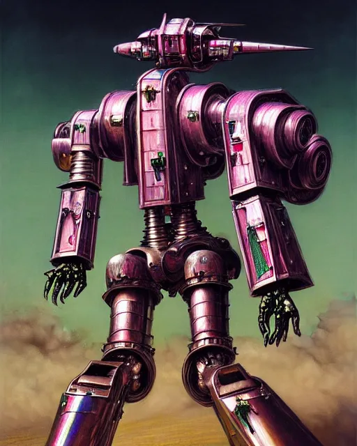 Prompt: hyperrealistic hyperdetailed medieval mecha iridescent pink battle war concept art santiago caruso de chirico sharp very dramatic green light 8k low angle shallow depth of field