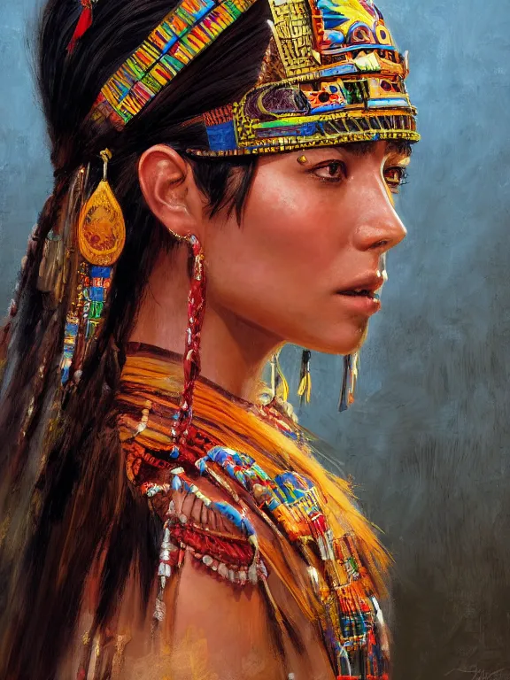 Image similar to an ultradetailed beautiful portrait painting of a girl as an aztec priestess, side view, oil painting, high resolution, by ilya kuvshinov, greg rutkowski and makoto shinkai