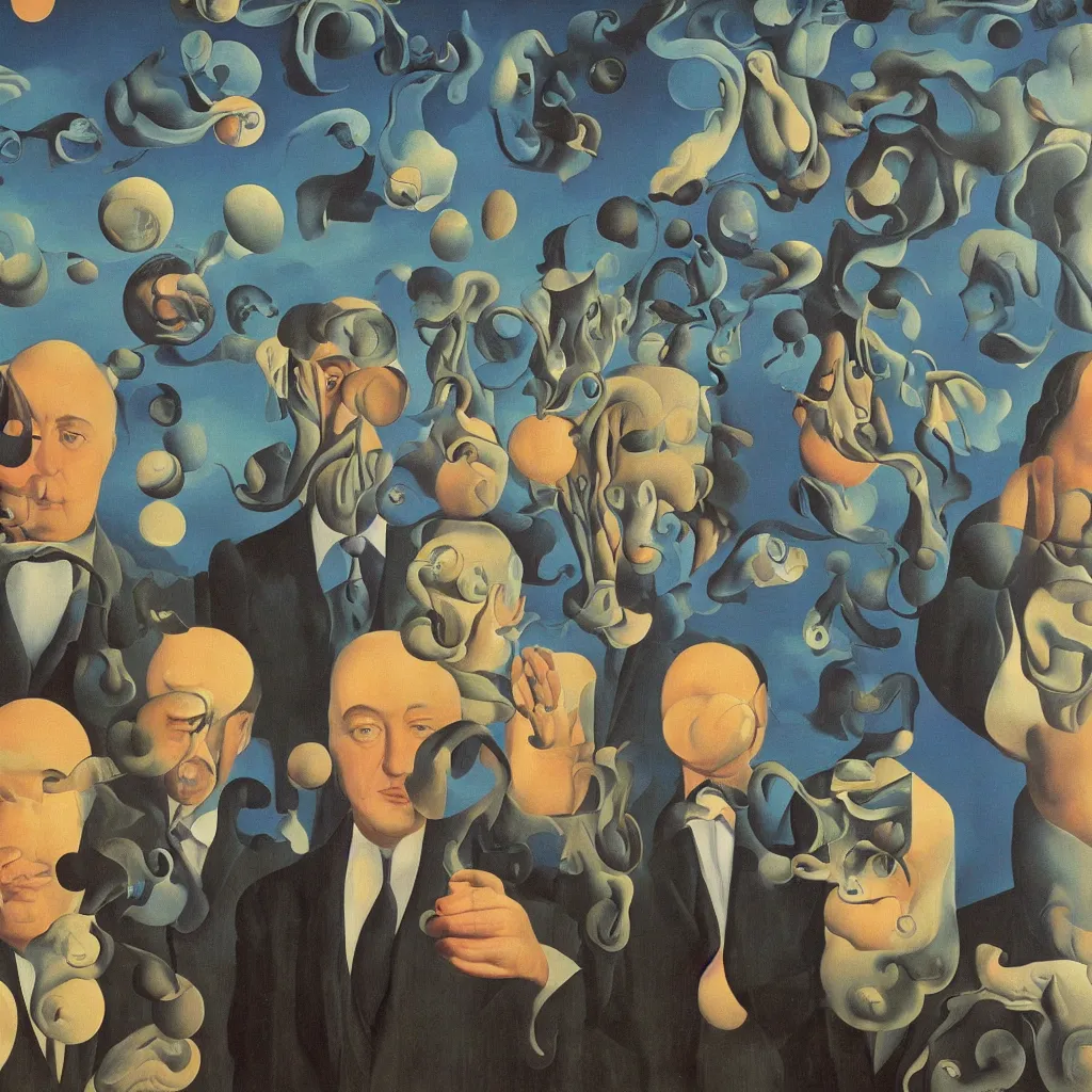 Prompt: magritte, dali, jerry ulesman and maggie taylor envision dmt and acid entities causing ripples everywhere they touch
