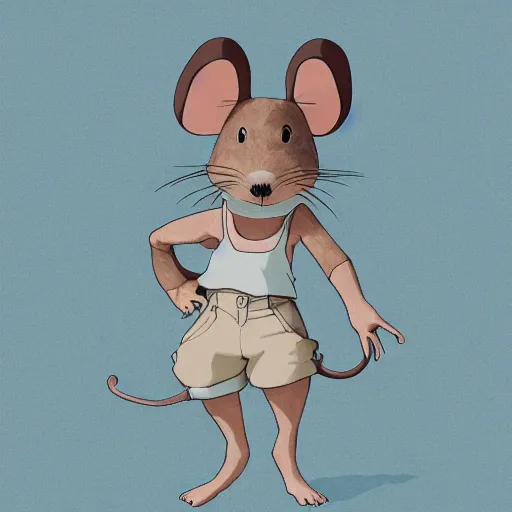 Image similar to in the style of studio ghibli, anthropomorphic mouse, female, wearing denim shorts and tank top, detailed, intricate, aesthetic, artistic, ambient occlusion, volumetric light effect, 8 k resolution