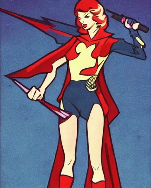 Prompt: taylor swift as a super hero similar to seraphine from league of legends with a microphone in her hand as her weapon drawn in a 1 9 5 0 s cartoon on a saturday morning style, hugh quality, very well proportioned silhouette