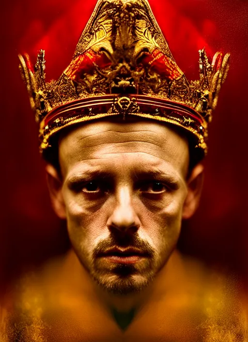 Image similar to 'Portrait of Crowned King Arthur' by Lee Jeffries royally decorated, whirling plasma, atmospheric motes, red and gold Sumptuous garb, gilt silk fabric, radiant colors, fantasy, perfect lighting, studio lit, micro details,