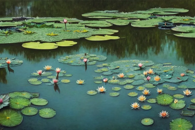 Image similar to pale teal rain beside pond with waterlilies, fantasy, intricate, elegant, dramatic lighting, emotionally evoking symbolic metaphor, highly detailed, lifelike, photorealistic, digital painting, artstation, concept art, smooth, sharp focus, illustration, art by John Collier and Albert Aublet and Krenz Cushart and Artem Demura and Alphonse Mucha