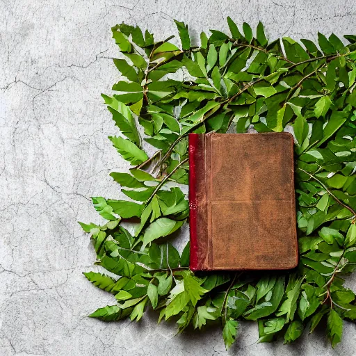 Image similar to high quality studio photography of Bible with a tree of beautiful leaves and flowers growing out of it, tree of life, solid background