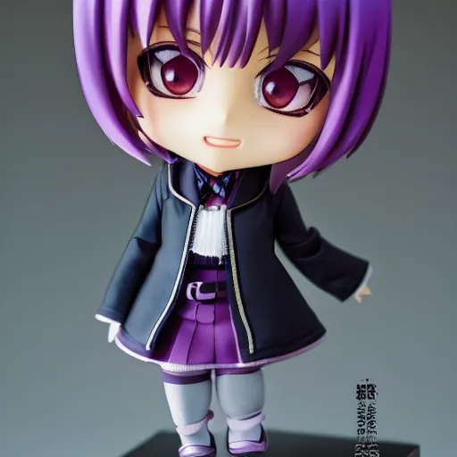 Image similar to portrait of a anime and chibi very cute doll with purple jacket design by xkung work, nendoroid, kawaii, cyberpunk fashion, character modeling, 7 0 mm lens, maximalist sculpted design, toy design, substance 3 d painter, vray, soft vinyl, trending in artstation