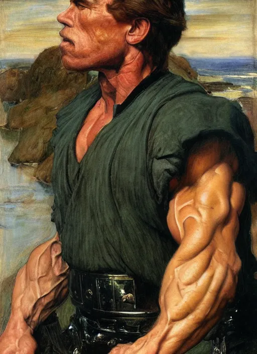 Image similar to a beautiful painting of arnold schwarzenegger by John Everett Millais and Dante Gabriel Rossetti and John Collier and john william waterhouse, pre-raphaelite, detailed, trending on artstation, hd, masterpiece