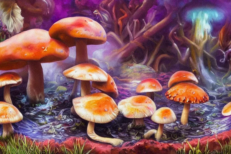 Image similar to highly detailed oil painting of a mushroom lizard in a steaming colorful hotspring, featured on artstation