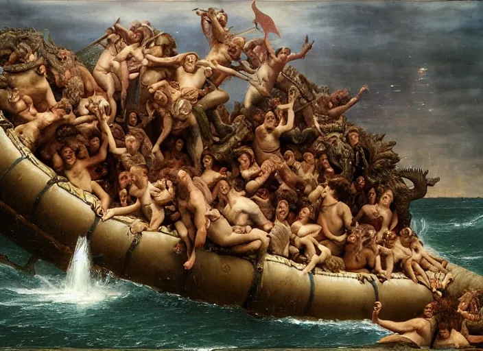 Image similar to godzilla attacking the raft of the medusa, painting by lawrance alma - tadema, 4 k, hyper - realistic, highly detailed