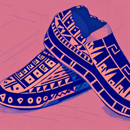 Image similar to sneaker design, aztec mayan street fashion native punk shoe design, hip hop sneaker design with subtle mayan patterns, gapmoe yandere grimdark, trending on pixiv fanbox, painted by greg rutkowski makoto shinkai takashi takeuchi studio ghibli, akihiko yoshida