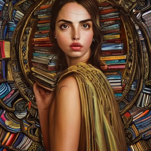 Prompt: a portrait of ana de armas as the goddess minerva, surrounded by stacks of books, bioluminescent gown with deep level of detail of esoteric symbols, urban motifs, intricate, elegant, highly detailed, digital painting, trending on artstation, concept art, smooth sharp focus, illustration, art by artgerm and greg rutkowski