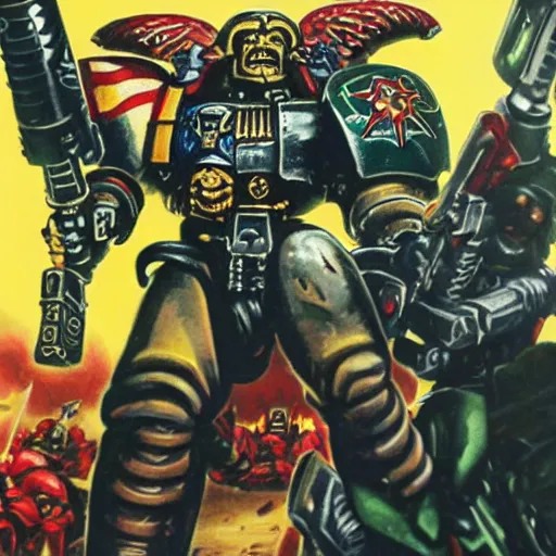 Prompt: anti - communist propaganda banner painting a space marine from warhammer 4 0 k fighting xenos written'defend the imperium'on the top, written'from xeno menace'on the bottom, warhammer 4 0 k, anti - communist banner, hightly detailed, digital art, illustration