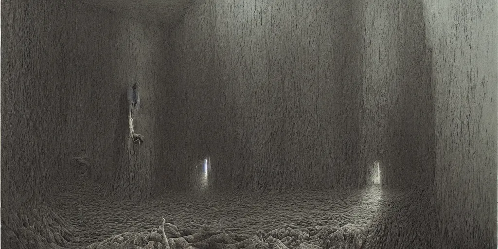 Image similar to liminal backroom afterlife by Zdzislaw Beksinski