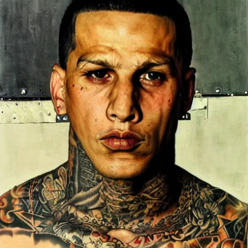 Prompt: A Frontal portrait of a heavily tattooed MS-13 gang member as a prisoner awaiting sentancing. A painting by Norman Rockwell.