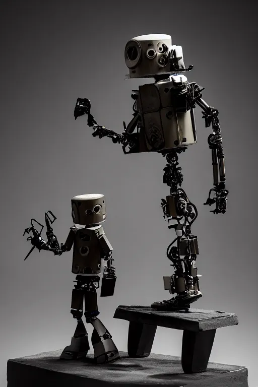 Image similar to a cinematic photo shot of a beautiful 1 : 6 scale threea toys figurine by ashley wood, world war one robot playing drums and electric guitar, black background, museum light, dark mood