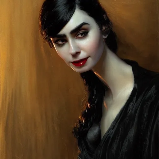 Image similar to detailed realistic cinematic wide shot of beautiful attractive lilly collins vampire woman wearing black bath robe slim face symettrical face clean skin black eyes black robe smooth, sharp focus, ultra realistic, spring light, painting by gaston bussiere, craig mullins, j. c. leyendecker