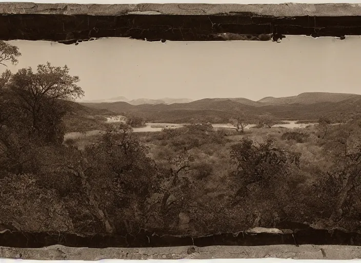 Prompt: Overlook of a river and chaparrals with sparse catci, albumen silver print by Timothy H. O'Sullivan.