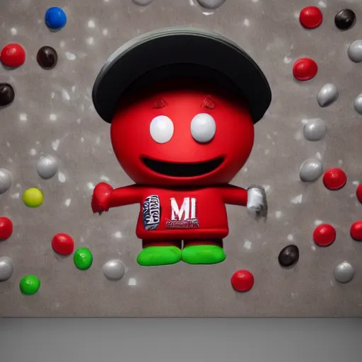 Image similar to eminem as the red m character standing on a floor coverd with m & m candies, round red m & m figure, m & m mascot, m & m figure, m & m plush, m & m candy dispenser, unreal engine, studio lighting, figurine, unreal engine, volumetric lighting, artstation, cosplay, by hans bellmer