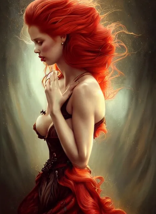 Image similar to a beautiful woman with baroque dress, red hair, adriana lima, painted by artgerm and tom bagshaw, fantasy art, dramatic lighting, highly detailed oil painting