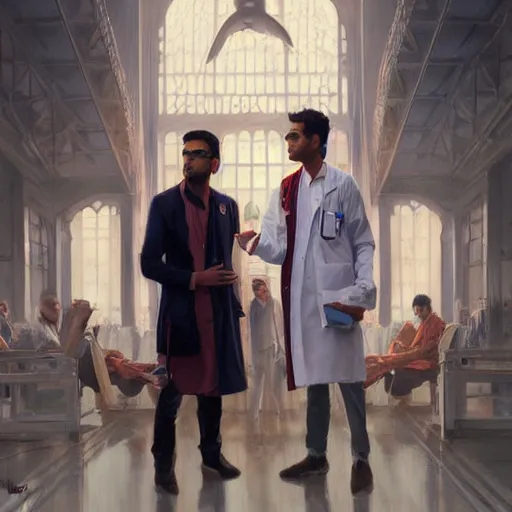 Image similar to Anxious good looking pale young Indian doctors wearing American clothes at the airport, portrait, elegant, intricate, digital painting, artstation, concept art, smooth, sharp focus, illustration, art by artgerm and greg rutkowski and alphonse mucha