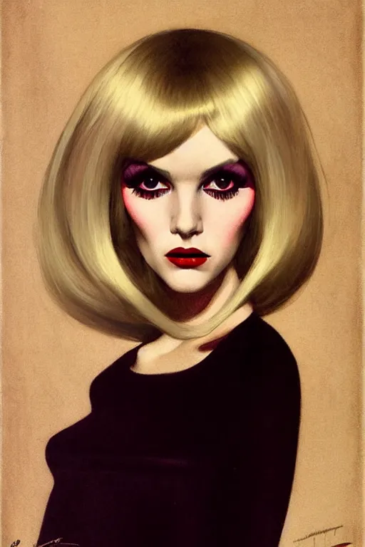 Image similar to portrait 1 9 6 0 s elegant blonde beautiful mod girl, long straight 6 0 s hair with bangs, wearing velvet, vampire, glam, groovy, by brom, tom bagshaw, sargent