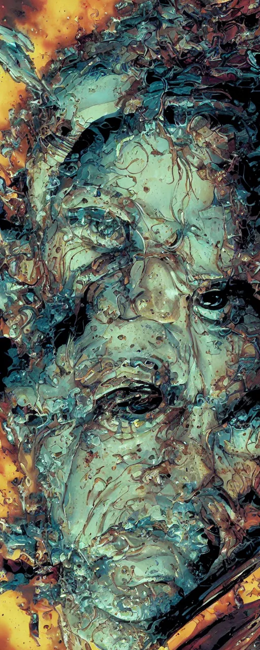 Image similar to closeup of face melting in agony, inside dark oil, frontal picture, by masamune shirow, josan gonzales and dan mumford