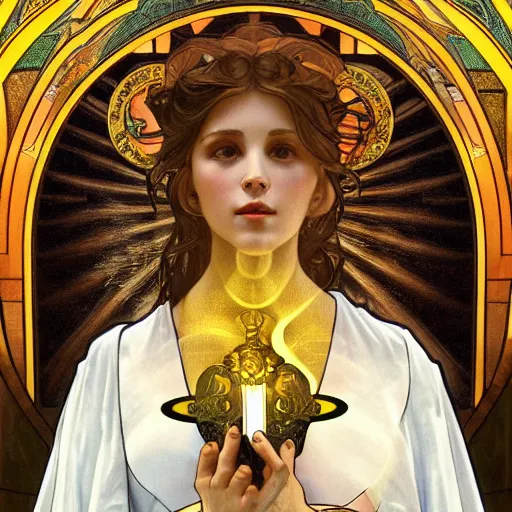 Image similar to a Portrait of A goddess in a church with a holy light emanating from her body by greg rutkowsk and alphonse mucha,In style of WLOP.digital art illustration.hyper detailed,smooth, sharp focus,trending on artstation,4k