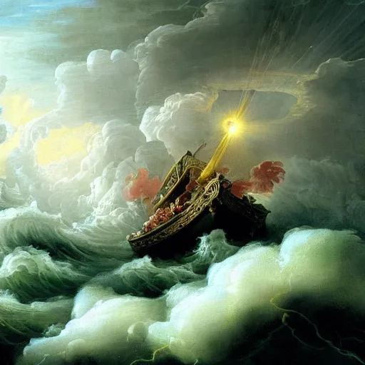 Prompt: an epic and beautiful rococo painting of a water-level view of Noah’s ark with the bow of the ark lifting out of the water in the turbulent swells of a violent stormy ocean. In the distance, a silver disc-shaped alien craft hovers high above the ark, dramatic thunderous sky. breaking light. light particles. ultra-detailed. Anime, pixiv, UHD 8K CryEngine, octane render