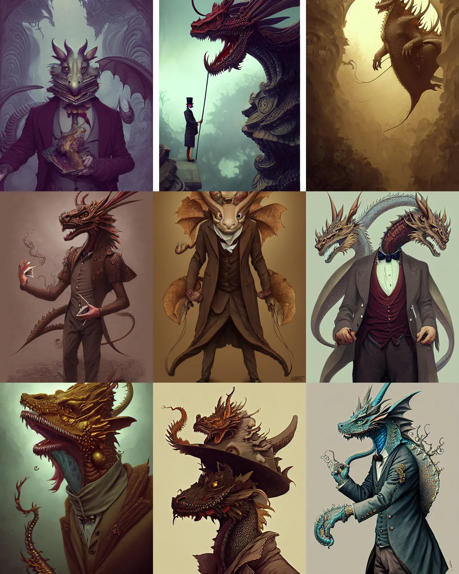 Prompt: anthropomorphic art of a detective dragon, victorian inspired clothing by artgerm, victo ngai, ryohei hase, artstation. fractal papersand books. highly detailed digital painting, smooth, global illumination, fantasy art by greg rutkowsky, karl spitzweg