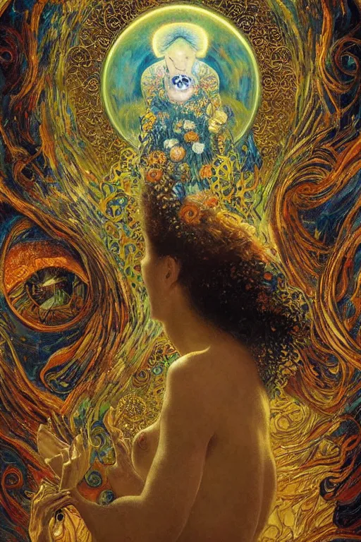 Image similar to Visions of Paradise by Karol Bak, Jean Deville, Gustav Klimt, and Vincent Van Gogh, visionary, otherworldly, celestial, radiant halo, fractal structures, infinite angelic wings, ornate gilded medieval icon, third eye, spirals, heavenly spiraling clouds with godrays, airy colors