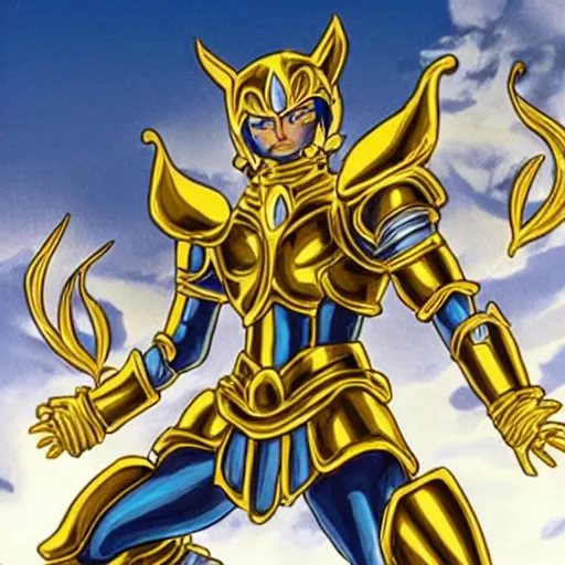 Prompt: Saint Seiya, The Golden cat Armor knight, greek temple background