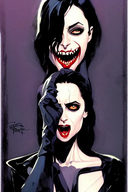 Image similar to rafael albuquerque comic art, peter mohrbacher, phil noto, steve niles, artgerm, pretty willa holland vampire sharp vampire teeth open mouth, symmetrical eyes, black leather jacket, jeans, long black hair