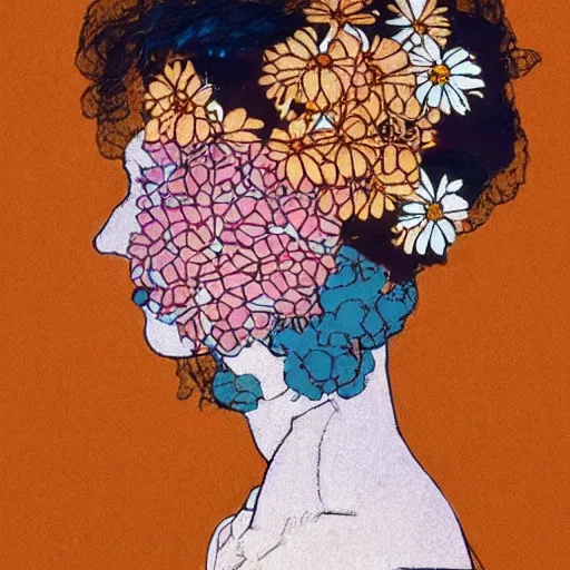 Image similar to a lot of flowers morphing in a beautiful girls face, film still by wes anderson, depicted by schiele, limited color palette, very intricate, art nouveau, highly detailed, lights by hopper, soft pastel colors, minimalist