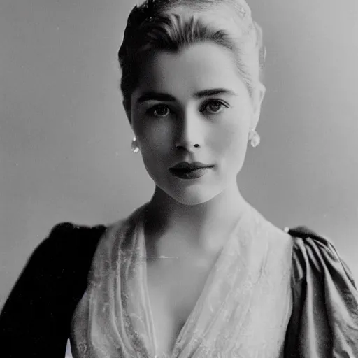 Image similar to edwardian photograph of a mix of grace kelly and emilia clarke, 1 9 0 0 s, 1 9 1 0 s, grainy, slightly blurry, faded, realistic face, elegant, graceful, vintage hollywood star