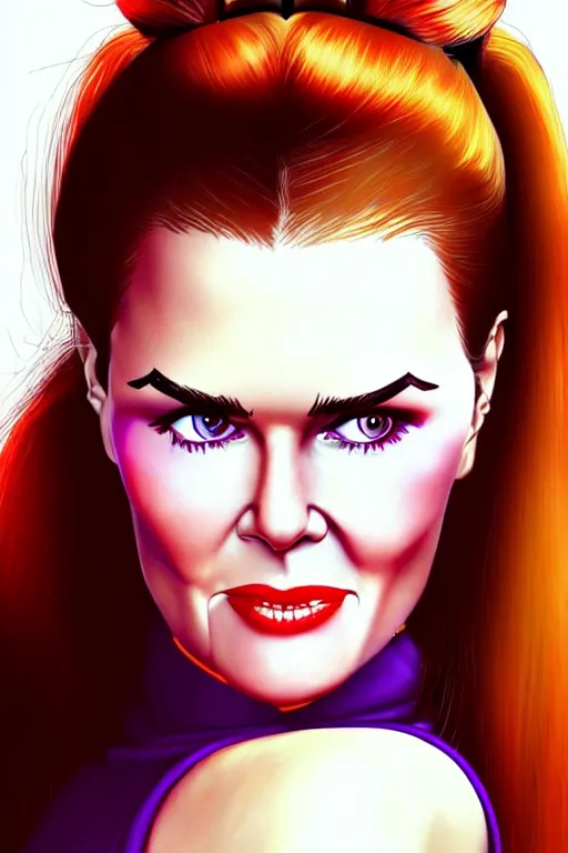 Image similar to mix of beautiful young maria shriver, mariel hemmingway, brooke shields, nicole kidman and elle macpherson as a dominatrix, thin lips, hair tied up in a pony tail, dark blonde hair, colorful, deviantart, artstation, cgsociety