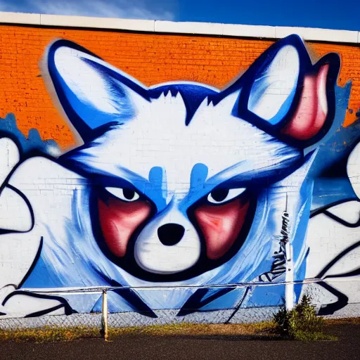 Image similar to photo of a graffiti mural of a blue anthropomorphic wolf wearing a red neckerchief, graffiti, mural, street art, anthro wolf, furry art, furaffinity, 4 k